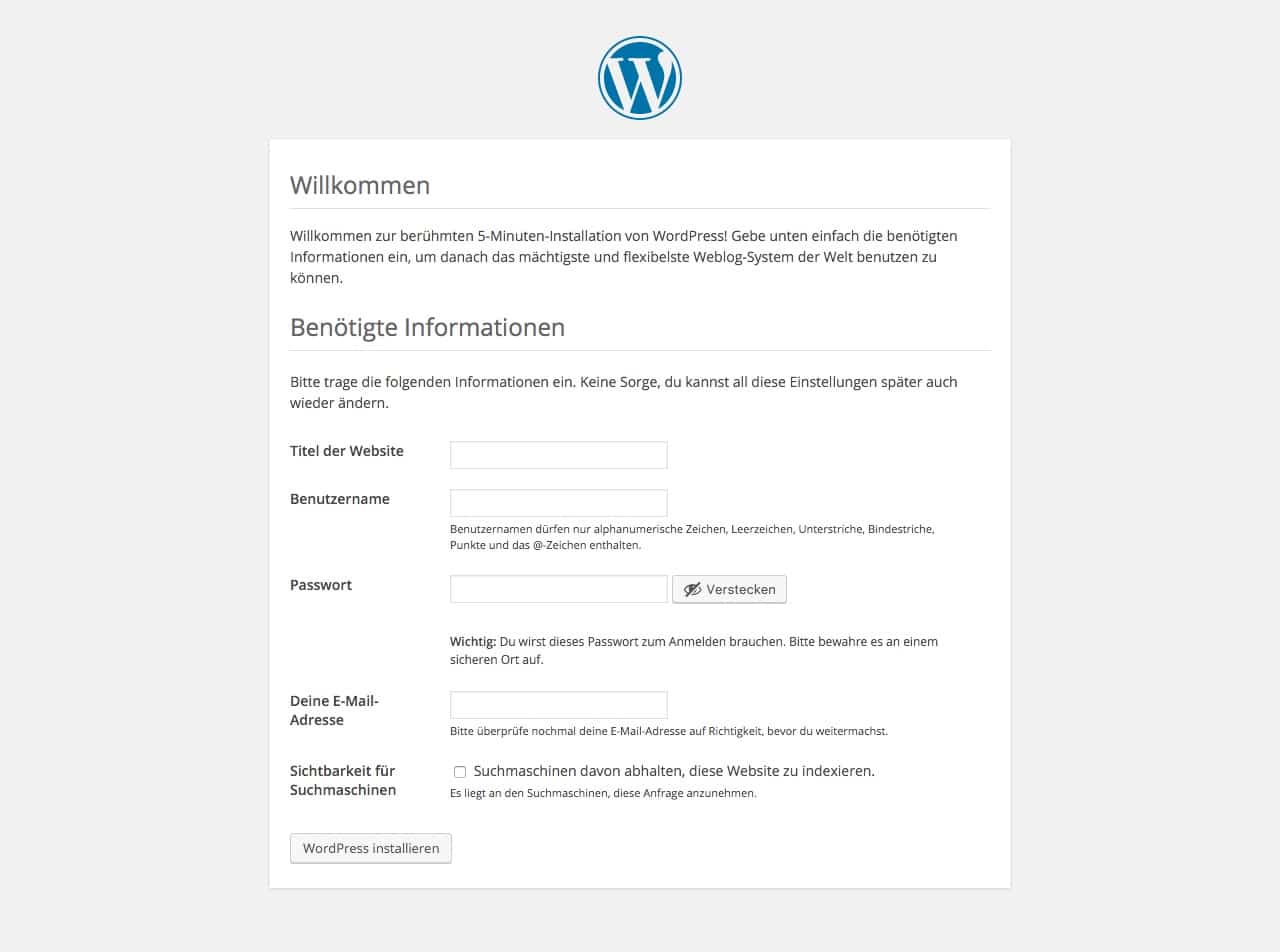 WordPress Installation Dateneingabe 1