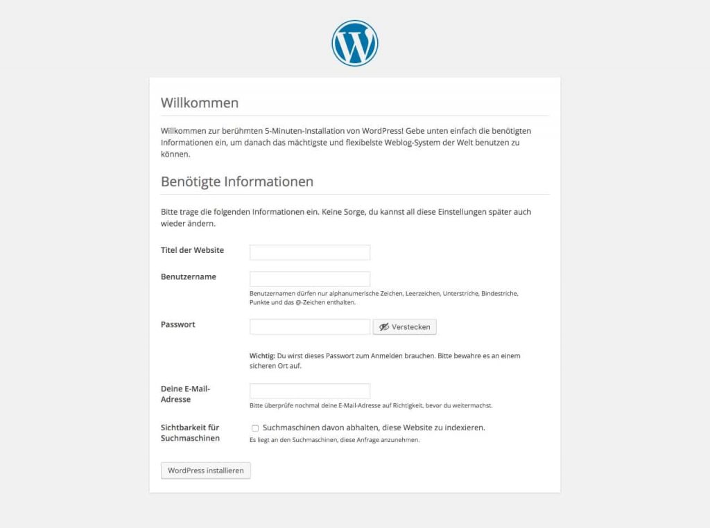 WordPress Installation Dateneingabe