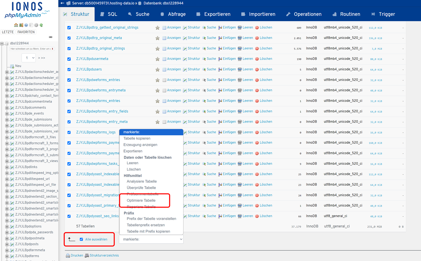phpmyadmin tabelle optimieren
