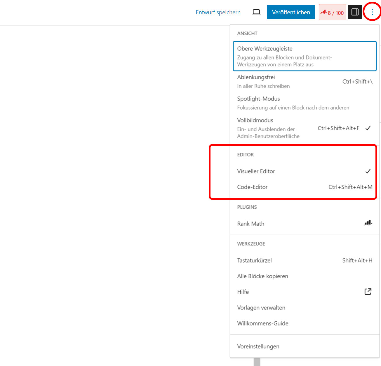 wordpress code editor wechseln